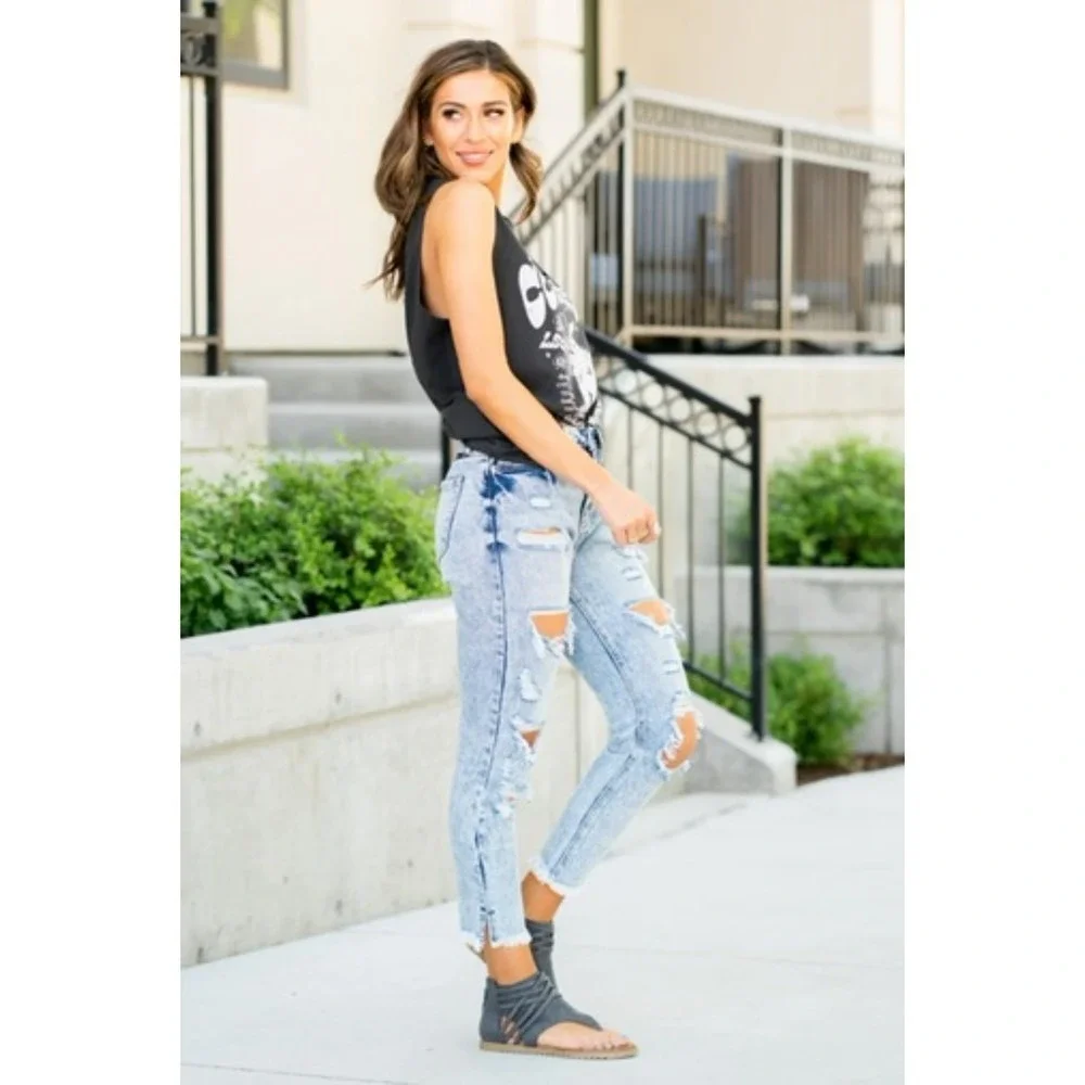 KANCAN Medium Wash Amy High Rise Mom Fit Distressed Punk Rock Ladies Jeans, 9/28